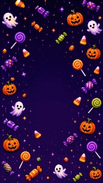 Colorful Halloween candy, ghosts and pumpkins forming a playful border around dark purple copy space