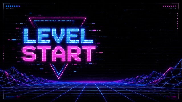 Retro neon level start arcade game screen with glowing futuristic gaming interface