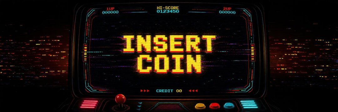 Retro arcade Insert Coin screen inviting players to start a classic video game adventure