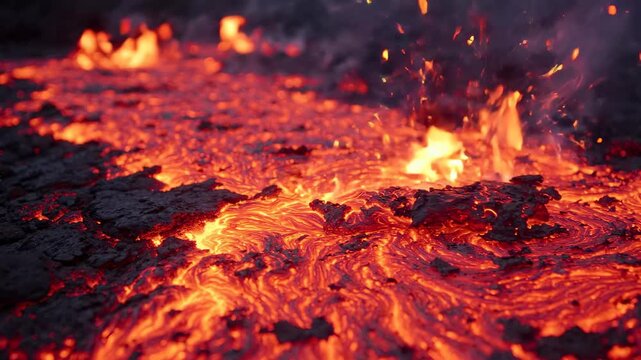 Molten lava flowing and bubbling with intense heat and glowing orange embers, geological natural disaster, volcanic eruption aftermath
