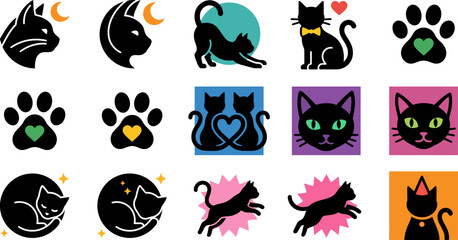 Obraz premium Collection Of Black Cat Silhouettes And Paw Prints On Transparent Background feline cats