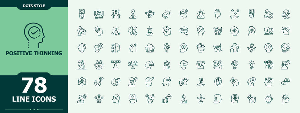 Positive Thinking icon pack. Icons for application. Containing emotion, determination, mindedness, mental, positive, psychology, thinking. Vector collections. Attitude icon set.