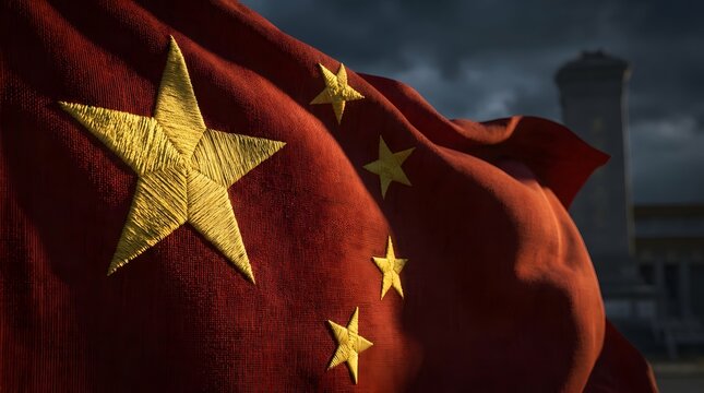 Close up of the chinese national flag with golden stars against a cloudy sky