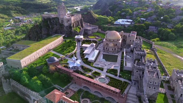 Cinematic aerial view flying over inner courtyard of historic Rabati Castle complex in Akhaltsikhe Georgia. Golden dome mosque architecture landmark and medieval stone walls in green mountain valley