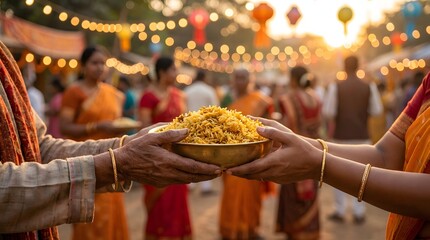 Obraz premium Indian festival celebration hands exchanging traditional snacks with festive bokeh lights