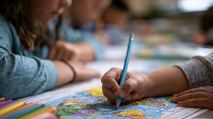Naklejka premium Close up of children s hands coloring a world map with colored pencils during an educational activity