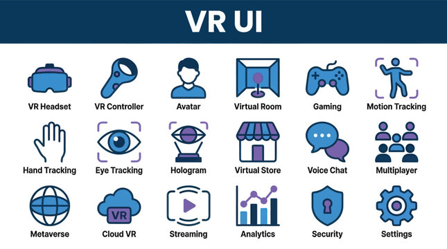 Virtual Reality UI Elements Icon Set &ndash; Modern Flat Vector Collection with VR Headset, Augmented Reality, Metaverse, 360 View, Motion Controller, Gaming, Immersive Technology and XR Interface Symbols