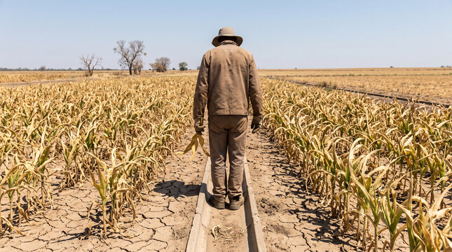 Farmer standing in drought damaged corn field with cracked dry soil, extreme heat wave and climate change impact on agriculture