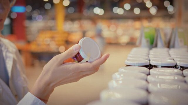 A girl carefully examines a jar of jam on a store shelf reading the label among rows of preserved goods and canned products in a modern supermarket