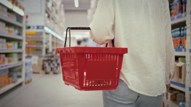 A girl in a shirt and jeans moves through the aisles of a supermarket carrying a red basket and browsing a wide selection of food products on store shelves