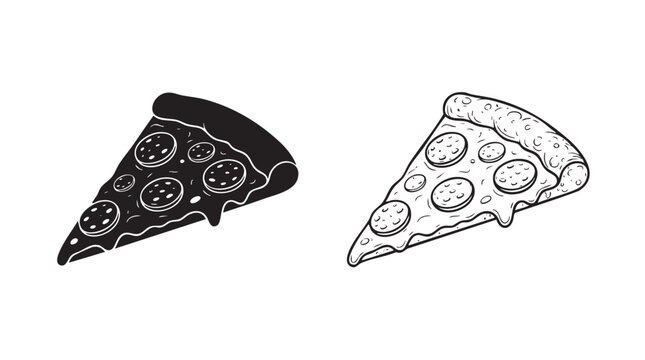 pizza slice silhouette with line art vector icon featuring food, illustration, black