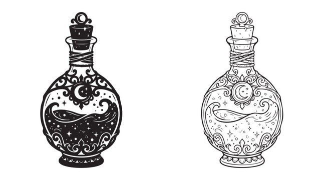 potion bottle silhouette with line art vector icon, magical wizard elixir design