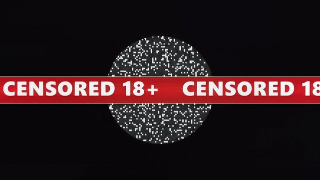 Censored 18+ red banner with pixelated black circle, seamless loop, symbolizing restricted content, age verification, and digital censorship