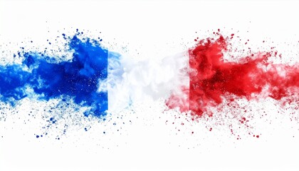 Fototapeta premium Vibrant French tricolor powder burst on a white background, representing the country'
