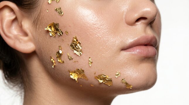 Profile close up of woman face skin decorated with luxury flaky 24k gold leaf foil flakes