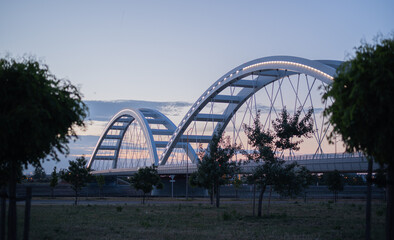 Fototapeta premium Zezelj Bridge over Danube River with illuminated arches at twilight in Novi Sad, Serbia