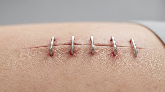 Macro view of clean surgical staples closing a neat incision wound on human skin for healing progress
