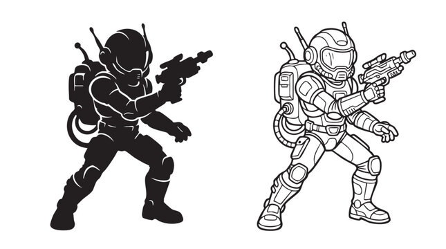 robot soldier silhouette with line art vector icon, retro arcade character