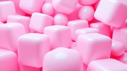 Fototapeta premium Pink cubes, spheres fill frame. Soft lighting creates glossy texture, minimalist composition. Background is black.