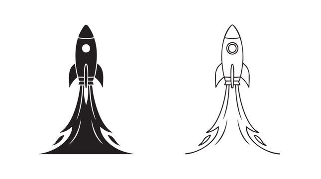 rocket silhouette with line art vector icon launching into space
