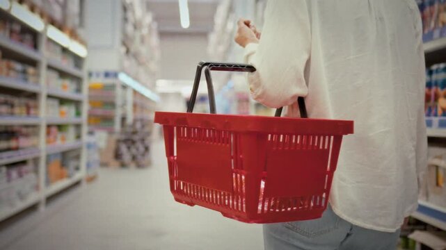A girl strolls along the aisles of a modern supermarket with a red shopping basket in hand carefully looking at products on the shelves around her