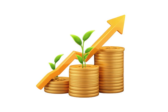 Golden coin stacks showing increasing wealth and investment growth with green plant sprouts, symbolizing finance development. Transparent background
