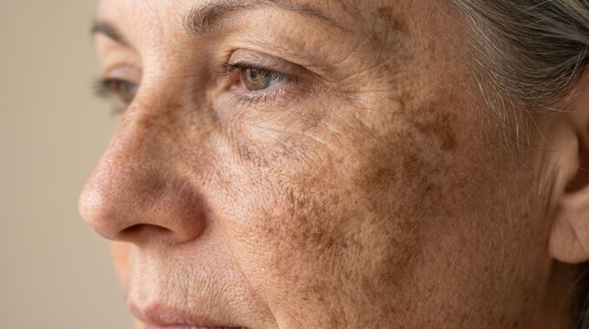 Close up side view portrait of mature woman face with hyperpigmentation melasma sun spots lesions