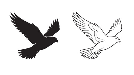 Fototapeta premium silhouette with line art vector icon of bird in flight, scratched metal texture concept