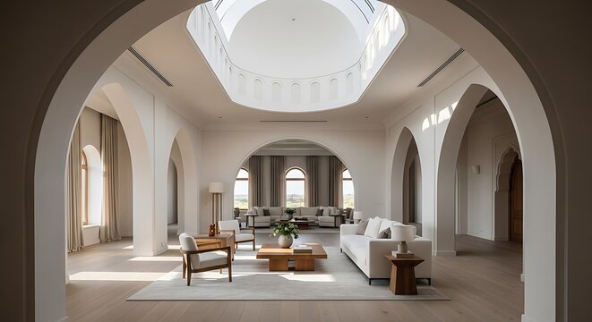 Luxurious, light-filled interior with arches, skylight, and elegant minimalist furniture