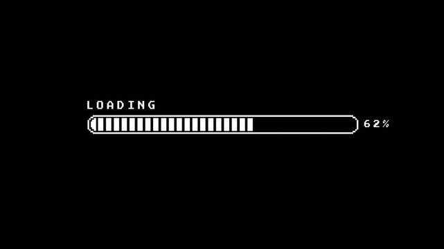 Retro 8-bit pixel art loading bar progress animation with percentage counter for gaming content 4k video animation seamless loop