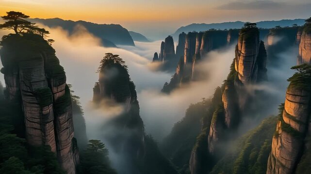 Misty sunrise over zhangjiajie national forest mountain peaks