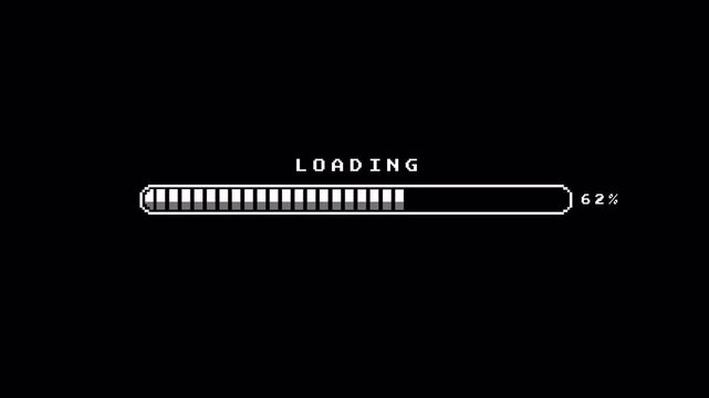 Retro 8-Bit Pixel Loading Bar Animation with Percentage Counter on Black Background for Gaming and UI 4k video animation seamless loop