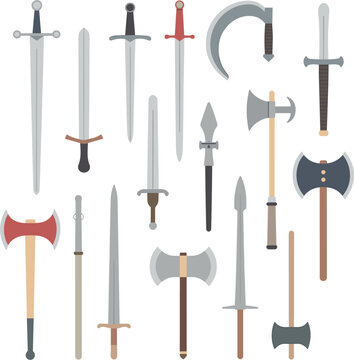 Medieval weapons collection, swords axes spears and polearms vector set isolated on white background illustration