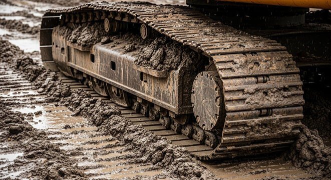 Excavator tracks covered in mud on construction site  