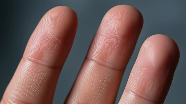 Close-up of three human fingers against a blurred background, showcasing skin texture and detail.