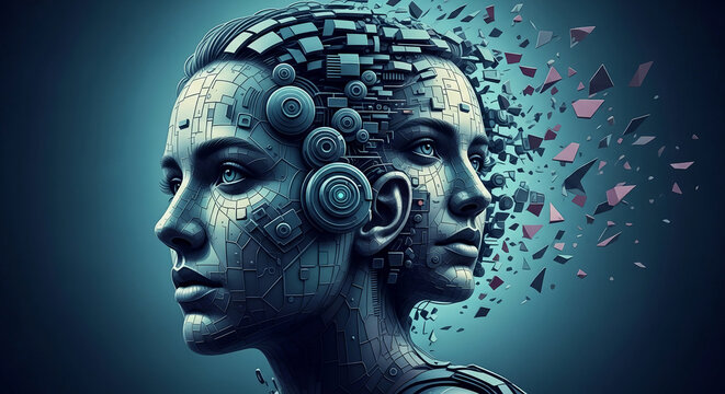 Robotic head with mechanical details and fragmented pieces breaking away, symbolizing artificial intelligence and transformation in technology.