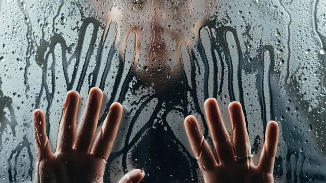 Persons Hands Pressed Against Wet Glass Window in Dramatic Lighting.
