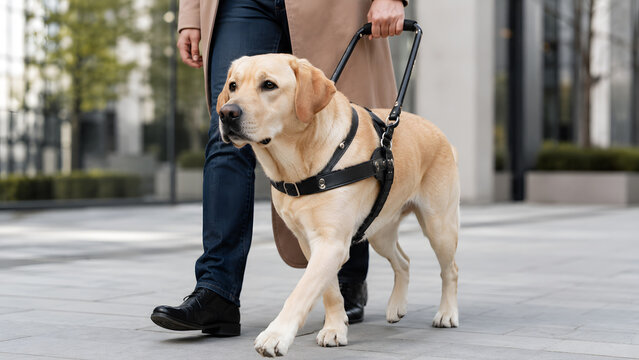 Labrador Retriever guide dog walking with handler