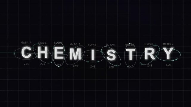 Futuristic chemistry word animation with glowing atomic orbitals and hexadecimal codes, symbolizing scientific research and educational content