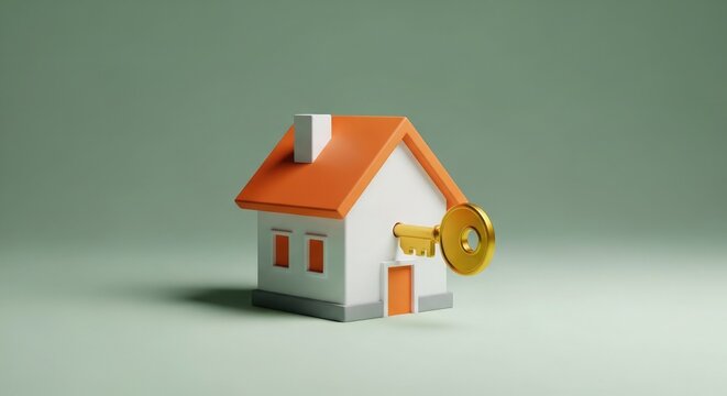 Stylized 3d render of a house with a golden key representing homeownership and security