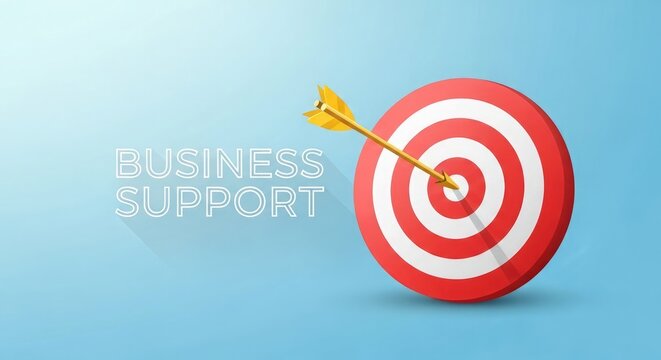 Business support concept arrow hitting target with text on light blue background