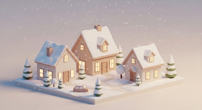 Charming snow covered village scene in 3d render with cozy winter homes and trees