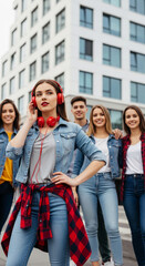 Obraz premium Group of young adults wearing denim and plaid, with one woman in focus wearing red headphones, symbolizing youth culture and music enjoyment