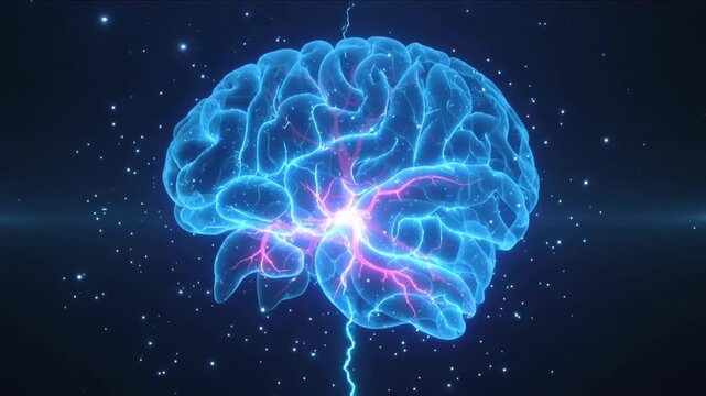 Glowing Human Brain with Electric Synapses Firing and Sparks in Dark Space
