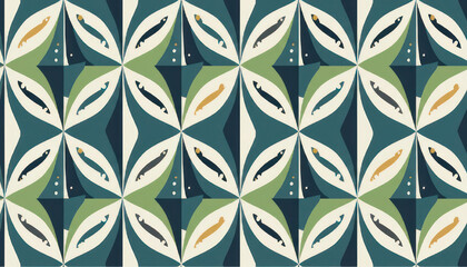 Fototapeta premium Abstract geometric pattern with repeating floral motifs in teal green and cream.