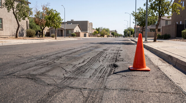 Damaged asphalt road with traffic cone during extreme summer heat, heat wave causing melted pavement and urban infrastructure risk