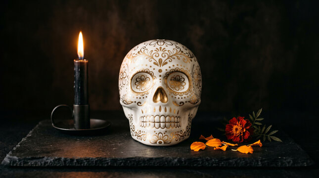 minimalist dia de los muertos illustration with sugar skull and marigold flowers