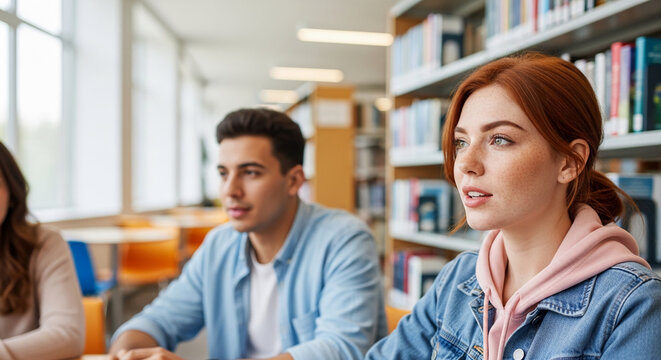 Students in a library with bookshelves and desks, representing education, learning, and academic pursuit