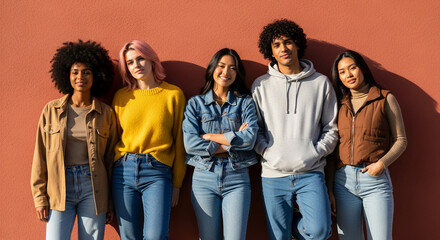 Fototapeta premium A diverse group of young adults stand against a textured red wall, showcasing casual fashion and youthful confidence, representing unity and individuality.