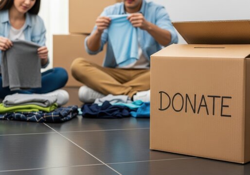 People sorting clothes into a cardboard donation box for charity and community support